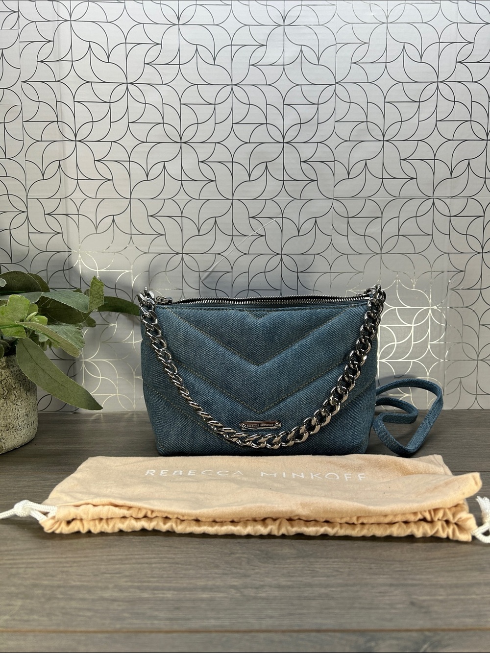 2080 Rebecca Minkoff Denim Quilted Crossbody with Chain Strap